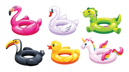 Set of inflatable swimming pool floats shaped like animals, ideal for pool fun and decoration. Vector cartoon illustration © YG Studio