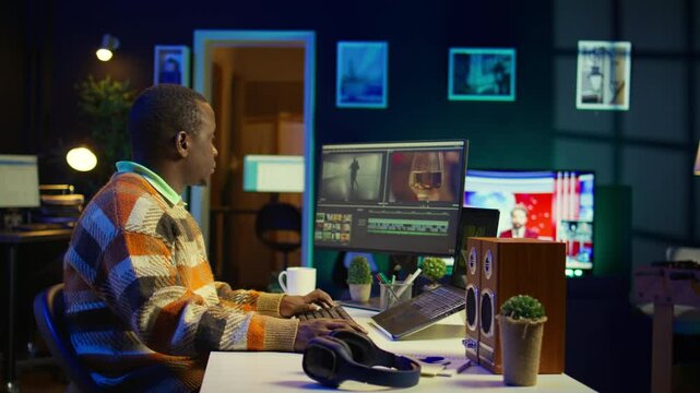 Video maker producing footage with artistic editing software, doing color adjustment and special effects. Digital videographer illustrator developing transitions for cinematic production. Camera B.