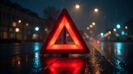 Nighttime Reflection of the Red Emergency Triangle in the Rain 
