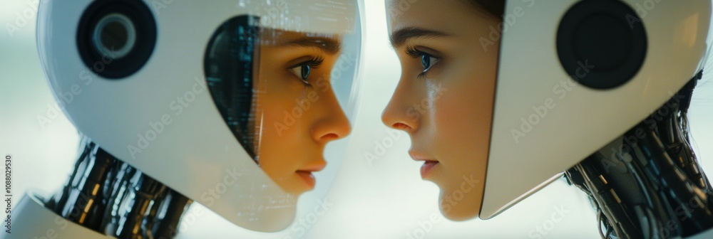 Leinwandbilder a person observes their reflection in a digital mirror showing a lifelike ai counterpart in a contem