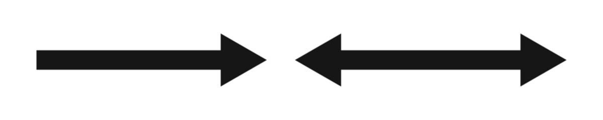 Arrow and double arrow icons. Look here symbols. Black horizontal pointer, direction, location and reverse, two side, width signs isolated on white background. Vector graphic illustration.