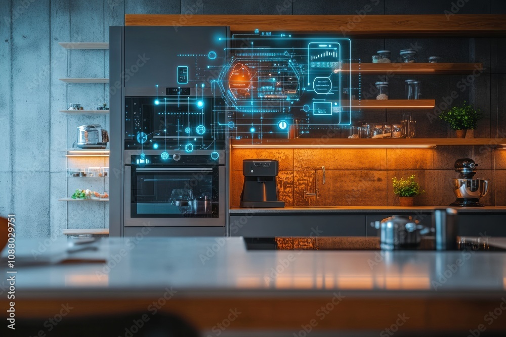 Poster a sleek kitchen features smart appliances and digital interfaces, showcasing advanced technology in 