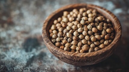 A wooden bowl filled with coriander seeds sits on a textured, rustic surface, highlighting the earthy tones and intricate patterns of the seeds.