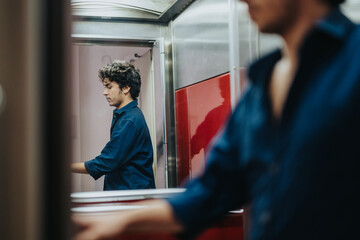 A young man in a blue shirt is seen in profile while riding an elevator. His reflection is captured in the elevator mirror, creating a thoughtful and introspective mood.