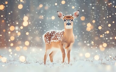 A fawn stands gracefully in a snowy forest, illuminated by colorful Christmas lights while snowflakes gently fall around