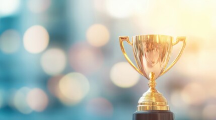 The golden trophy award glimmers in the light, symbolizing recognition among soft, blurred colors that evoke success and accomplishment