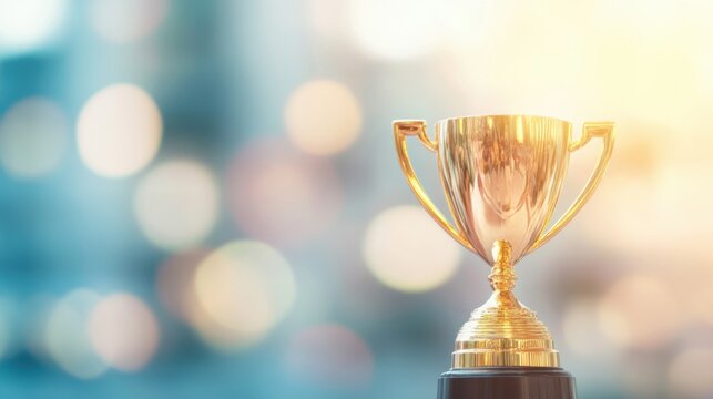 The golden trophy award glimmers in the light, symbolizing recognition among soft, blurred colors that evoke success and accomplishment