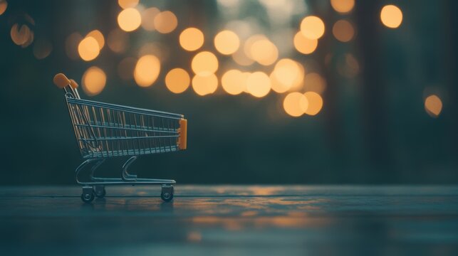 A shopping cart sits beside a laptop, reflecting the cozy ambiance of late-night online shopping