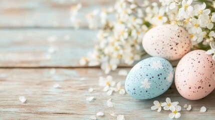 Obraz premium Colorful Easter eggs sit on a rustic wooden table adorned with spring flowers and fallen petals, celebrating the joy of the season
