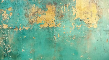 Obraz premium The surface details a blend of distressed green and gold tones, revealing layers of peeling paint and texture that evoke a vintage feel