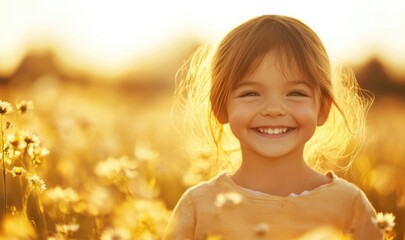 Fototapeta premium A young girl with a joyful smile revels in a vibrant wildflower field, basking in the golden light of sunset while enjoying nature