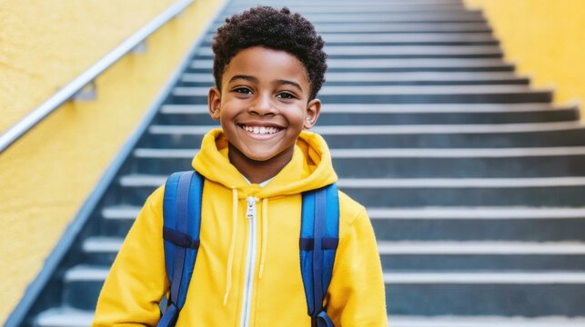 A smiling schoolboy wearing a yellow hoodie and backpack climbs the stairs in a colorful hallway, radiating joy and enthusiasm