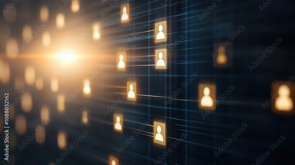 Poster abstract representation of digital network with user icons in a matrix style background, symbolizing