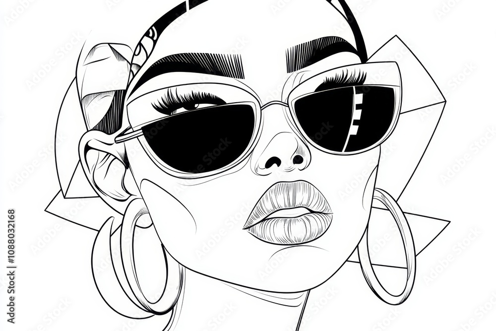 Poster a clean line drawing of a face with a bold afro, surrounded by geometric shapes