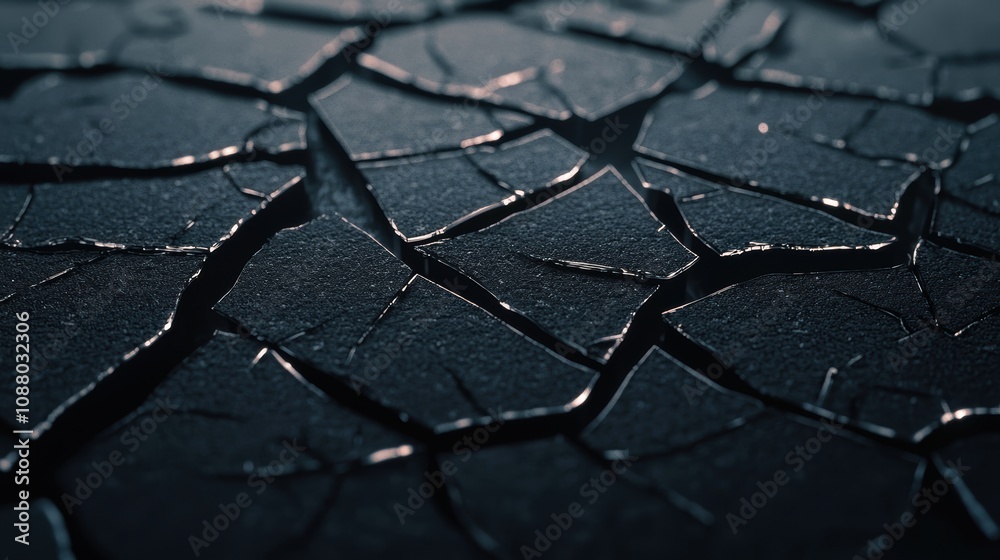 Poster dark cracked surface with intricate patterns highlighted by subtle light in a dramatic and artistic 
