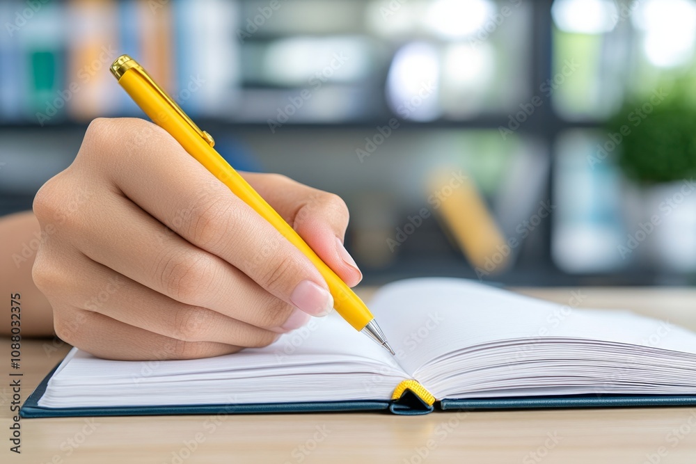 Poster a close-up of an adult hand taking notes in a notebook during a professional workshop