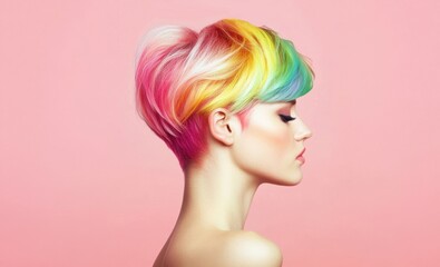 A person showcases vibrant multi colored hair styled in a modern cut, set against a soft pink backdrop that enhances their artistic look