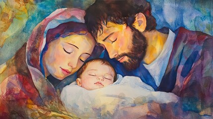 A watercolor painting depicting the Holy Family, Mary, Joseph, and baby Jesus, in a loving embrace.