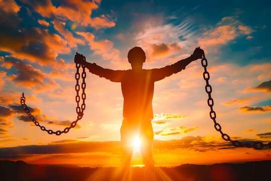 man breaking chains to become free and independent