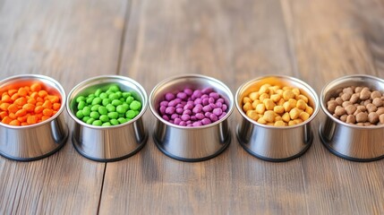 Brightly colored pet kibbles in various bowls showcase a rainbow of food options for playful pets at mealtime