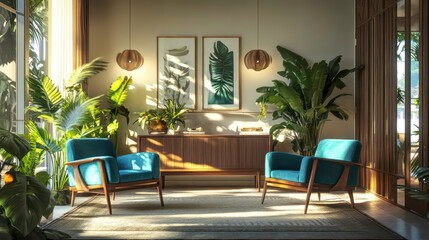 A sun-soaked retro-inspired living room with teal armchairs, lush greenery, and a wooden sideboard, exuding warmth and style