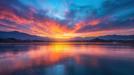 Fototapeta premium A stunning sunset casts colorful reflections on the calm lake as mountains silhouette against the vibrant twilight sky