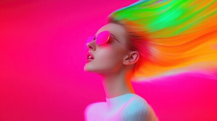 Stylish woman with neon-colored hair and pink sunglasses on a bold, bright background, embodying...