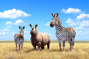 Obraz premium A dynamic 3D illustration of South African wildlife, including rhinos, giraffes, and zebras, roaming across a vibrant savanna