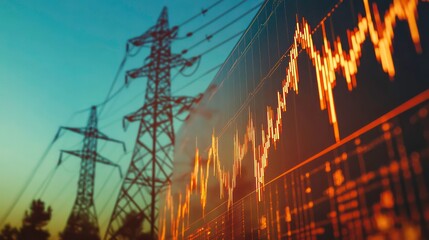 Electric Power Lines in the Foreground and a Stock Market Chart in the Background.