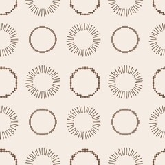 Natural Round Symbol seamless pattern. Nature Circle Sun Soft Brown Choco background. Simple Classic Geometric theme Tribal Ethnic texture doodle art illustration.