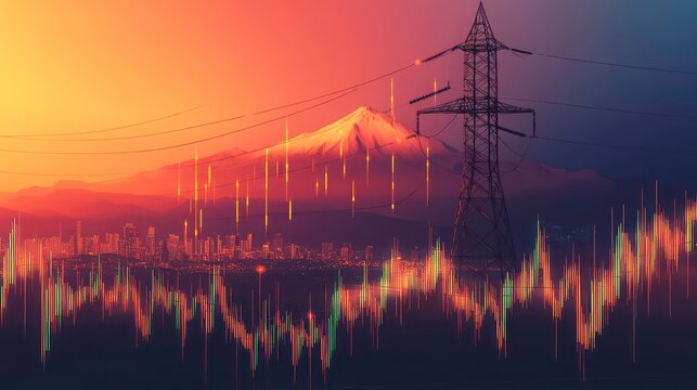 A silhouette of a power line tower against a vibrant sunset with Mount Fuji in the background and a futuristic data graph overlay.
