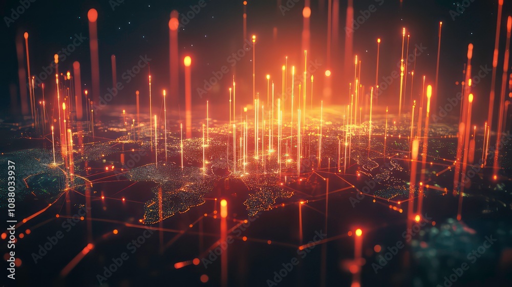 Poster a stylized image of a global network with red and orange lines connecting various points on a dark b