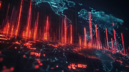 Naklejka premium A stylized, futuristic depiction of the world with digital data streams connecting continents and continents, with emphasis on North America.