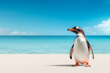 Obraz premium A lone penguin standing on a minimalist beach setting, with a subtle blue ocean horizon