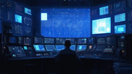 A solitary figure sits absorbed in his work before an array of high-tech screens, enveloped in the blue glow of a sophisticated control room.