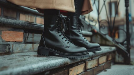 Black leather boots on stone steps.