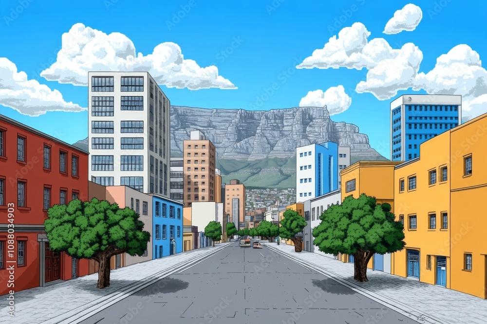 Poster a pixel art depiction of cape townâ€™s skyline with table mountain in the background, vibrant with r