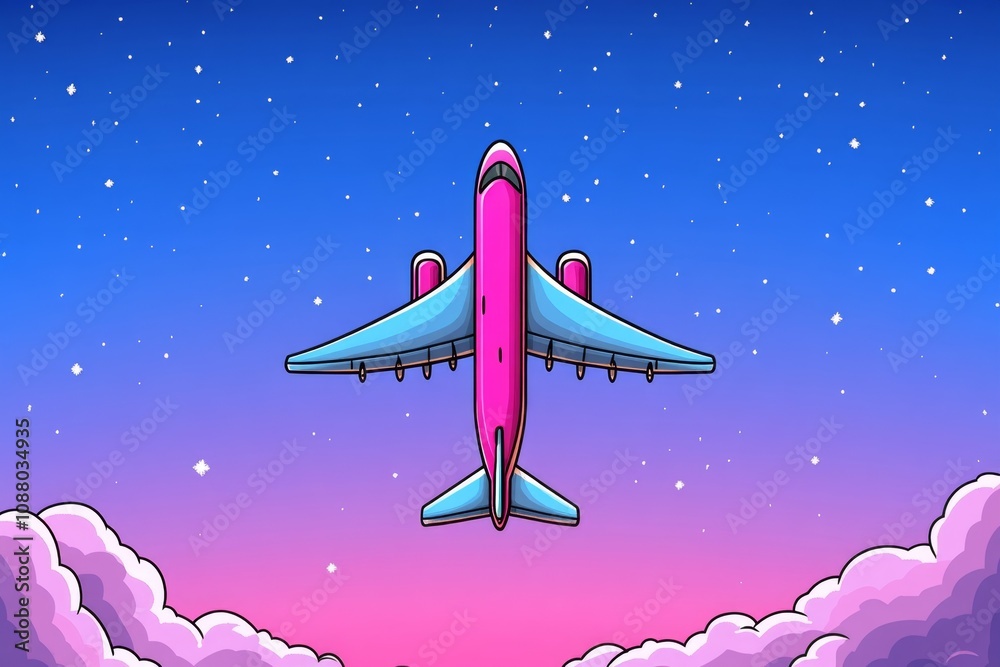 Poster a pixel art rendition of a colorful paper aeroplane flying through a retro game sky filled with pixe