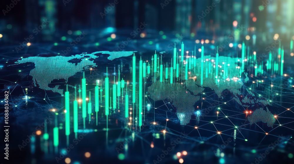 Poster a 3d rendering of a world map with green candlestick charts and blue lines representing data flow, o
