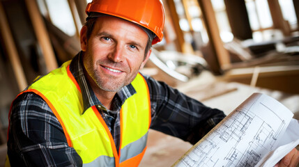 civil engineer wearing safety helmet and vest smiles while inspecting construction plans in building site