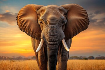 Obraz premium A safari scene in Kruger National Park, featuring elephants walking through a golden savanna at sunset