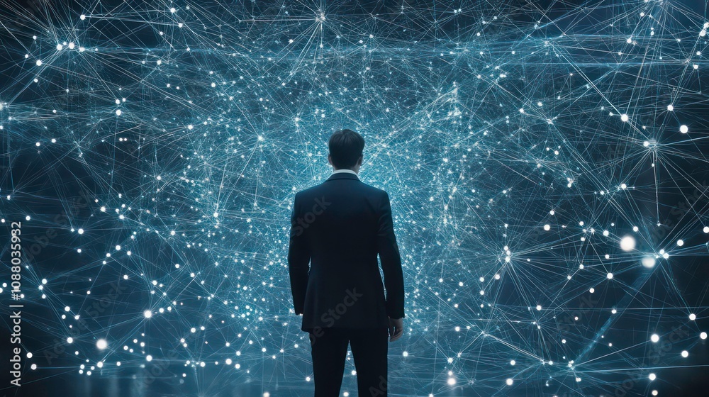 Canvas Prints a businessman stands before a glowing network of connected dots representing data, communication, an