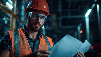 construction worker in orange safety helmet and glasses examines blueprints in dimly lit industrial setting, showcasing focus and determination