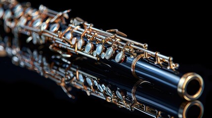 Obraz premium Close-up of a black oboe with gold keys reflecting on a black surface.