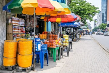 Fototapeta premium A vibrant street scene in Lagos, bustling with activity and adorned with colorful signs and advertisements