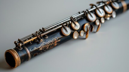 Naklejka premium Close-up of a vintage black clarinet with gold accents and intricate detailing lying on a neutral background.