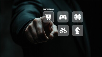 Hand Pointing at Online Shopping and Leisure Activities Icons on a Touchscreen