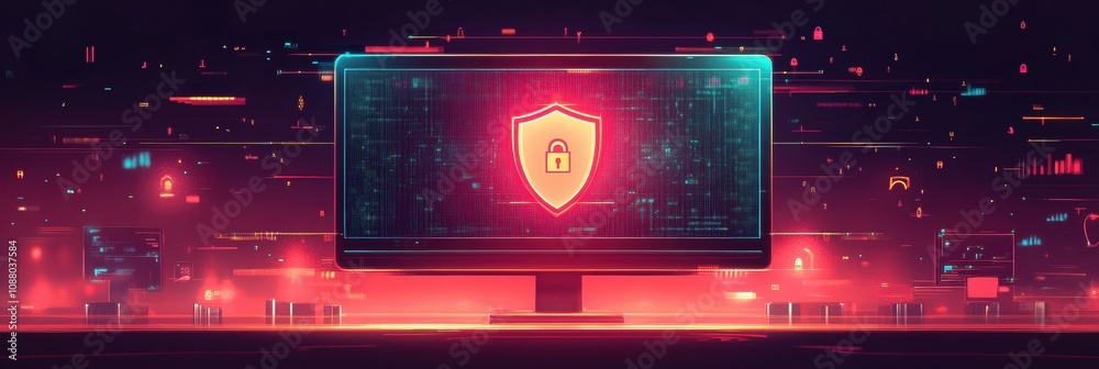 Aufkleber A high-tech computer screen features a shield and lock symbol, emphasizing the importance of cybersecurity in today's digital world. Generative AI