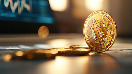 Close up of shiny Bitcoin coin on table with blurred background. golden coin symbolizes cryptocurrency and digital finance, reflecting modern investment trends