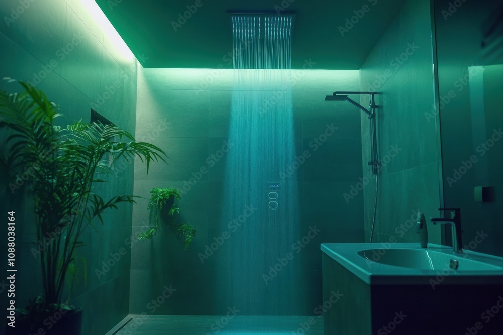 Poster a sleek bathroom with a smart shower setup provides ideal temperature control through a touch panel 
